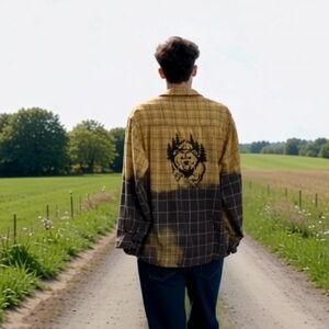 Custom upcycled “Grizzly” distressed , painted flannel.